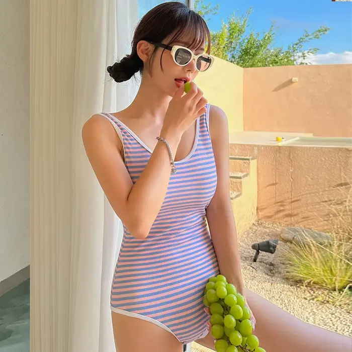 Maillot de bain une pièce à rayures, style coréen, sport, pour femmes, monokini, biquinis, tenue de 