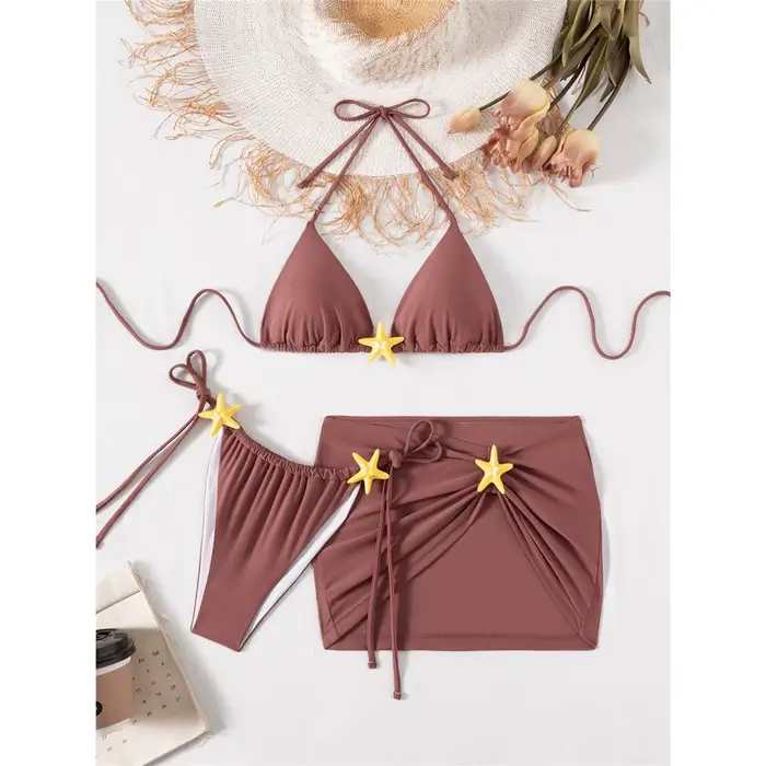 Maillot de bain femme trois pièces avec jupe, bikini dos nu motif étoile de mer, rembourré