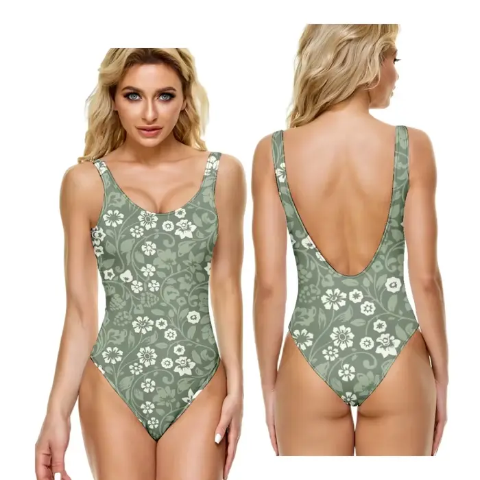 Maillot de bain une pièce ​ Vigne botanique forêt vert décontracté ventre contrôle plage costier gra