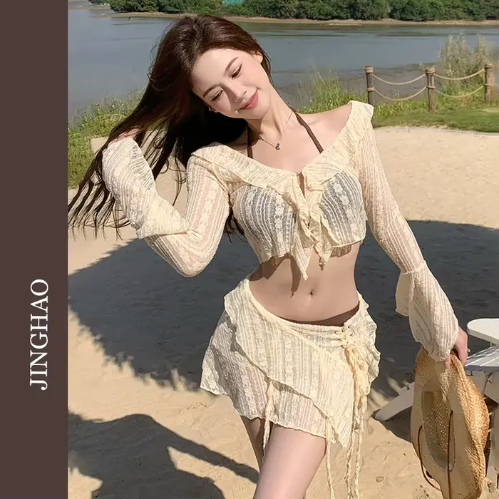 Maillot de bain bikini femme en dentelle à manches longues