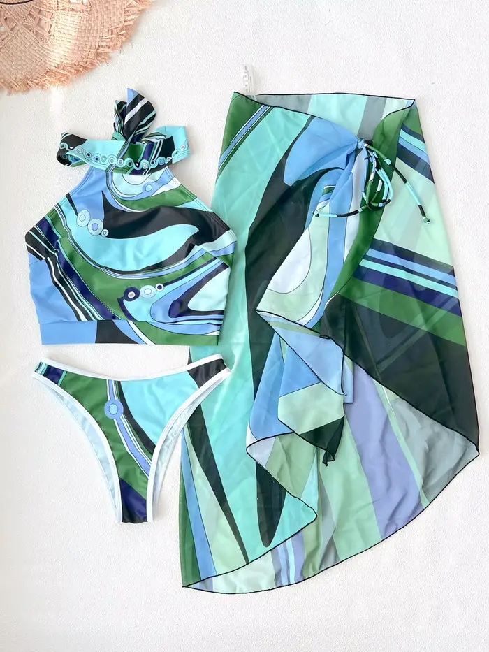 Nouveau Maillot de Bain Deux Pièces Tendance pour Femme 2026 - Design Vert et Bleu Audacieux avec Monokini Halter Unique