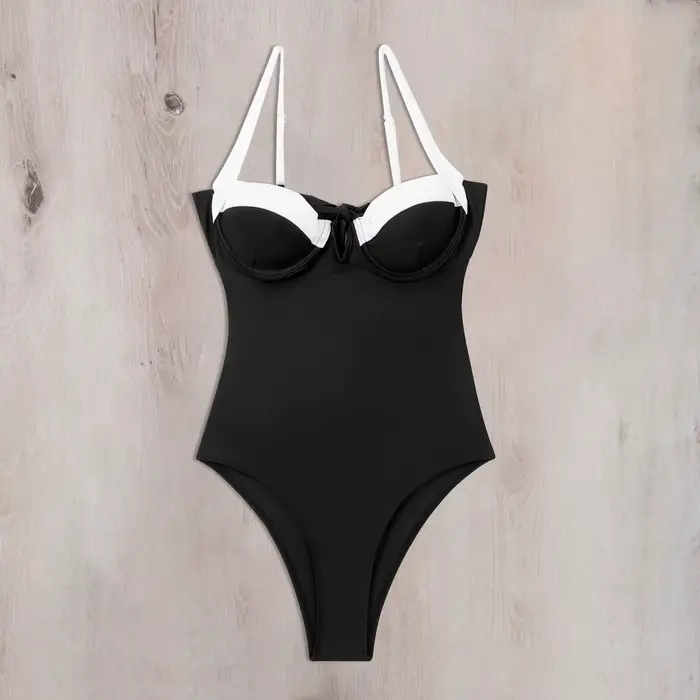 Maillot de bain une pièce sexy noir et blanc patchwork avec armatures, push-up en V, contrôle du ven