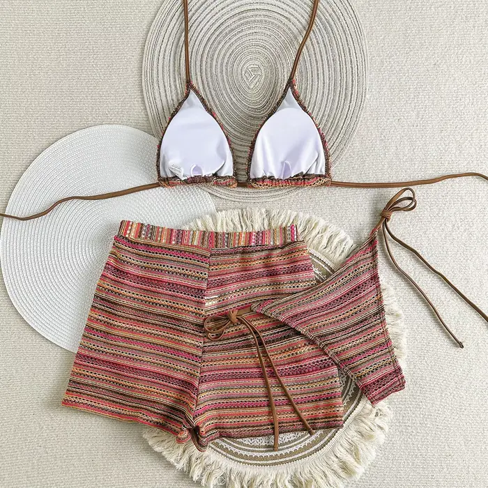 Ensemble de bikinis sexy en tricot rayé à nouer autour du cou