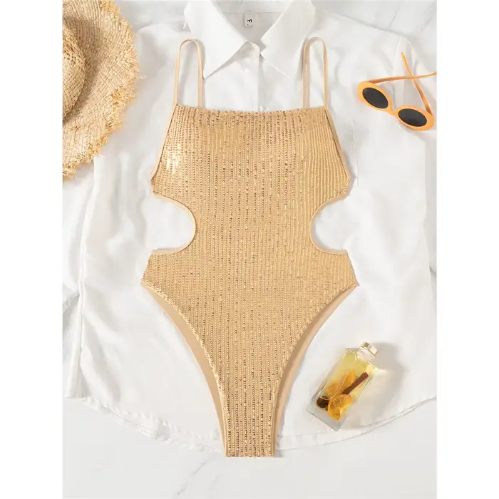 Nouveau Maillot de Bain Une Pièce Femme à Paillettes Brillantes, Découpes, Dos Nu, Coupe Haute, Remb