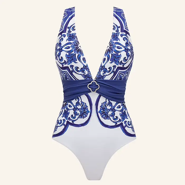 Femme maillots de bain 2025 robe de plage col en V classique majolica série motif imprimé une pièce 