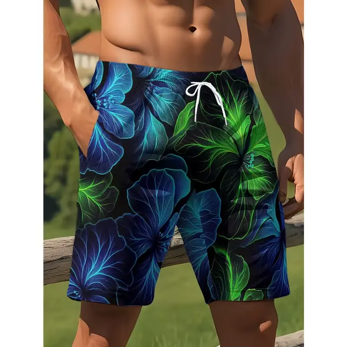 Shorts de vacances hawaïens pour hommes, shorts de plage avec rayures dégradées bleu-vert néon et im