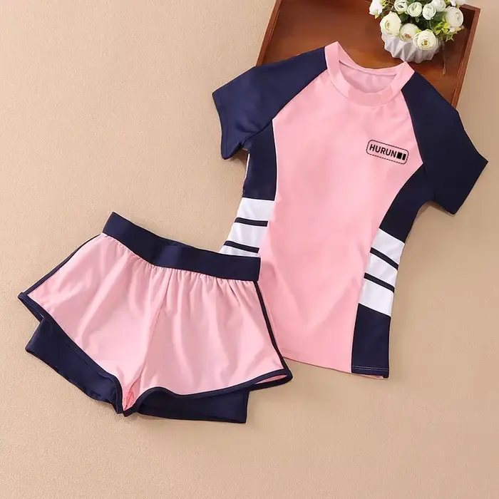 Maillot de bain pour enfants mignon été enfants fille maillot de bain fendu à manches courtes crème 