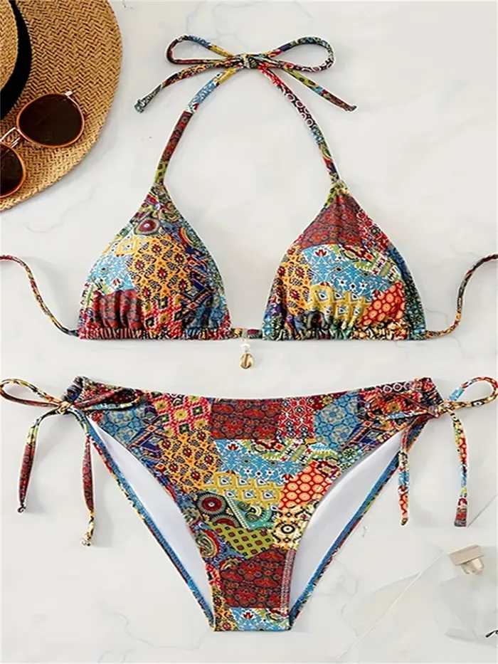 Bohème imprimé Bikinis licou String dos nu maillot de bain Push Up Bikini pendentif vacances maillot