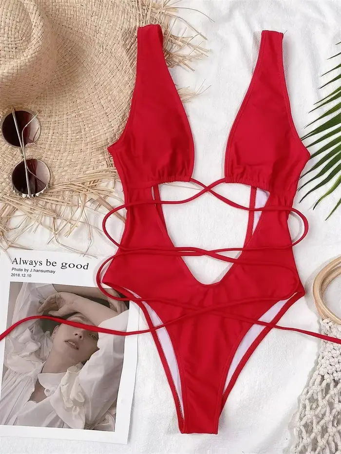 Sexy rouge maillot de bain Micro String Bikini évider dos nu Monokini femmes une pièce vacances mail