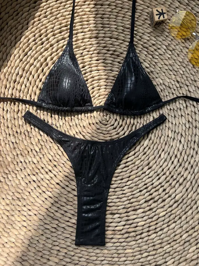 Noir Sexy Bikini femmes maillot de bain féminin Bikinis ensemble serpent maillot de bain imprimé été maillots de bain femme licou Trikini livraison directe