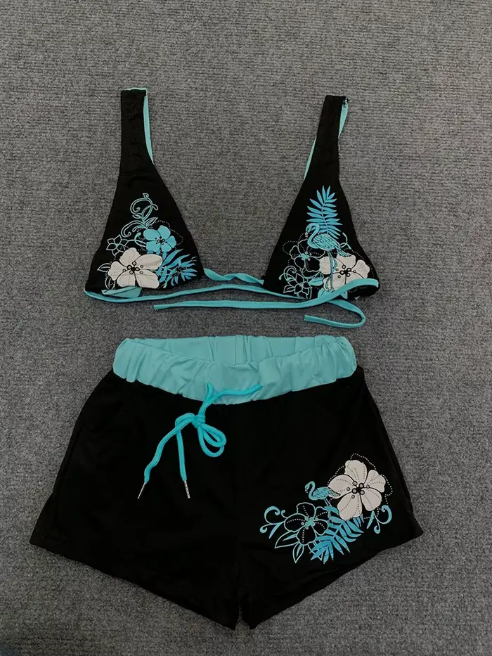 Été plage Ins mode chaude Sexy dames fendu deux pièces Bikini beau Vintage contraste fleur imprimé soutien-gorge à bretelles ensemble short et haut
