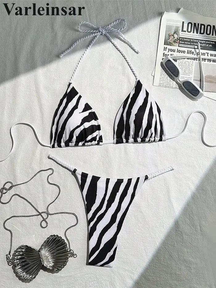 XS - L Zebra Halter Mini Thong Bikini Maillot de bain femme Ensemble bikini deux pièces rembourré V6759