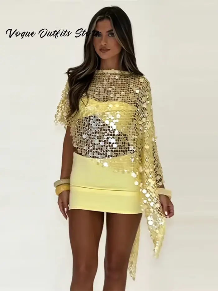 Ensemble 3 pièces Y2K à sequins : Cache-maillot