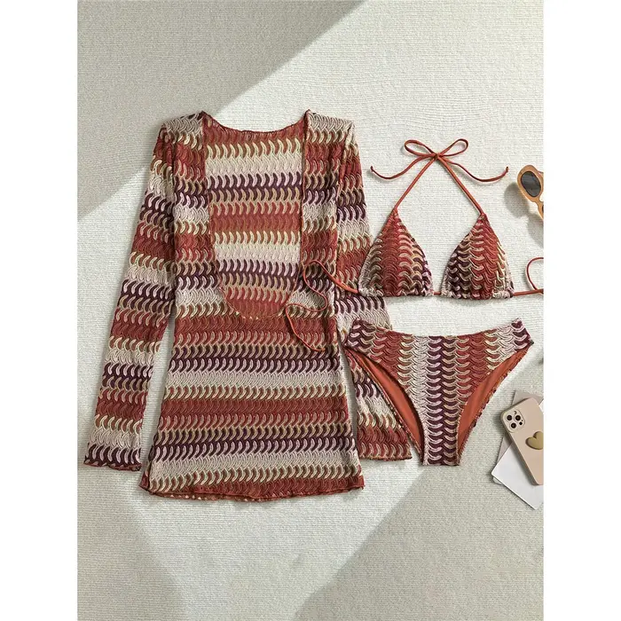 Maillot de bain marron à manches longues pour femmes, ensemble trois pièces, imprimé, M167
