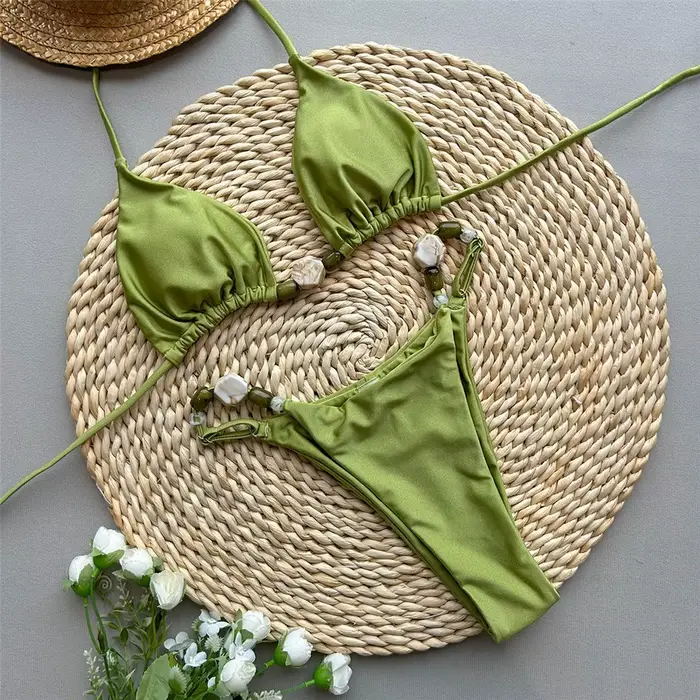 Maillots de bain vert uni Sexy licou Triangle perle String Bikini Mini Micro String maillot de bain 