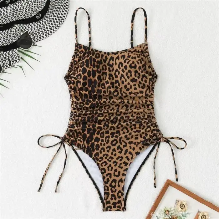 Maillot de bain une pièce sexy imprimé léopard pour femme, dos nu, avec cordon de serrage latéral et