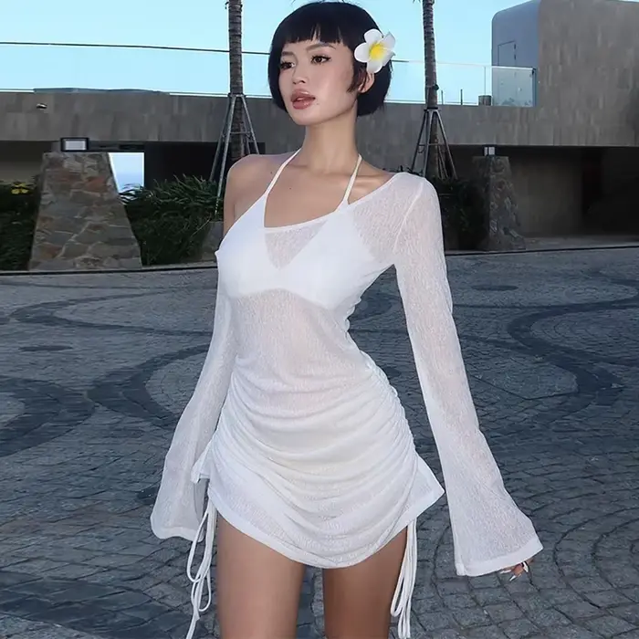 Maillot de bain transparent pour femmes, Cover-Up pour les maillots de bain, cordon de serrage, robe