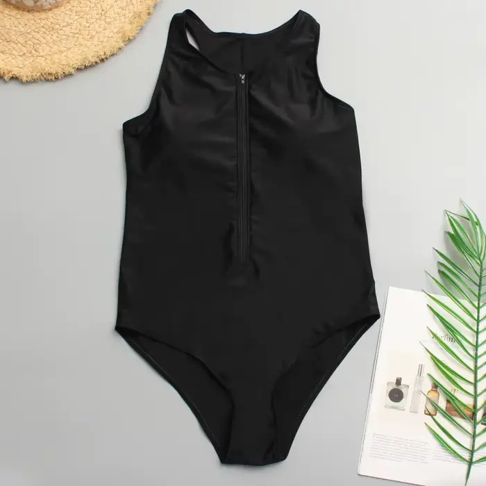 Maillot de bain une pièce noir pour femmes, grande taille, fermeture éclair, devant, rembourré, Mono