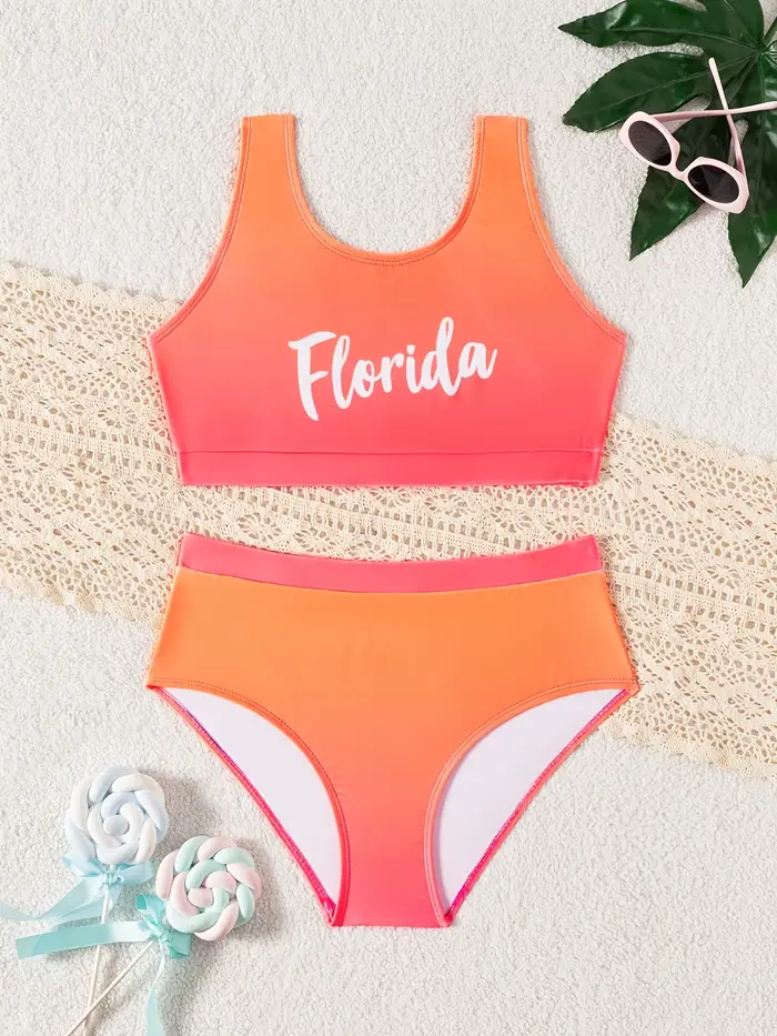 Maillot de bain deux pièces séparé pour filles, séchage rapide, imprimé lettres, tenue de plage