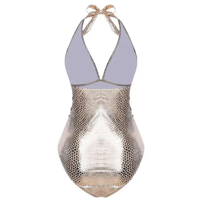Maillot de bain une pièce brillant effet métallisé pour femme, motif peau de serpent, avec laçage et col halter