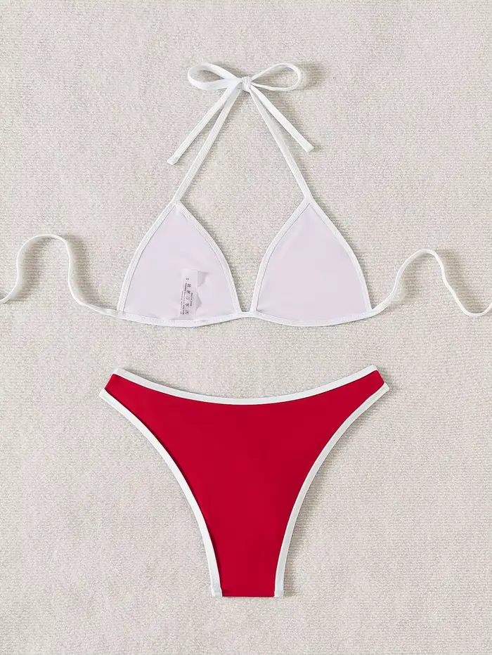 Femmes maillot de bain rouge Sexy Bikini deux pièces maillots de bain féminin Bikinis ensemble solide maillots de bain femme Trikini licou livraison directe