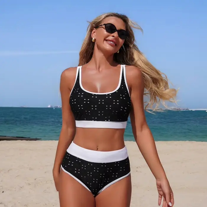 Maillot de bain deux pièces taille haute pour femme, effet ventre plat, motif fleurs ajourées, ensem