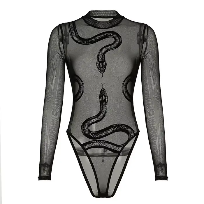Combinaison une pièce sexy à imprimé serpent, manches longues, col rond, coupe basique, en tissu mét