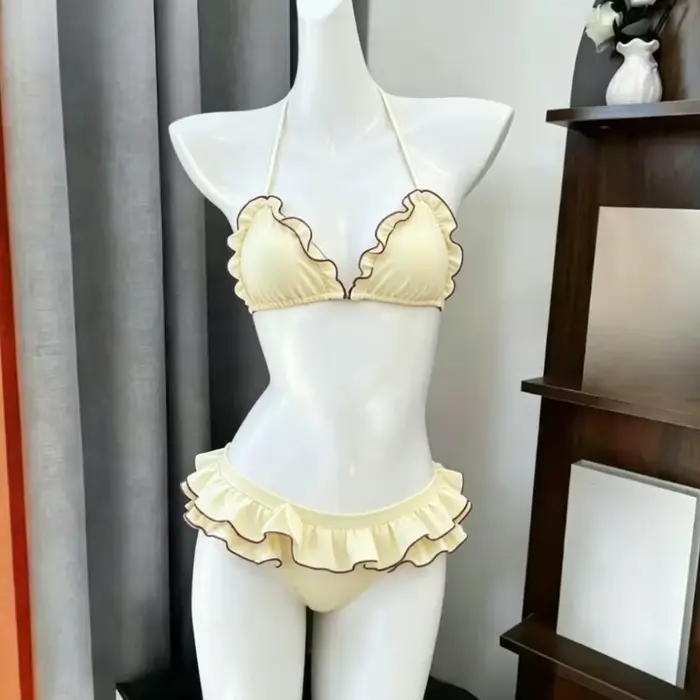 Ensemble de bikini imprimé à col halter pour femme, maillot de bain deux pièces à volants, style japonais Kawaii, pour les vacances d'été à la plage