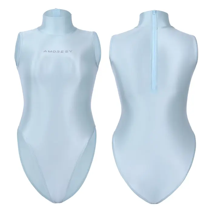 Maillot de bain AMORESY brillant ultra-fin transparent à col montant, couleur unie, fente haute, fer