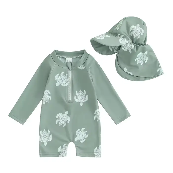 Maillot de bain à manches longues et fermeture éclair pour bébé garçon, maillot de bain avec chapeau