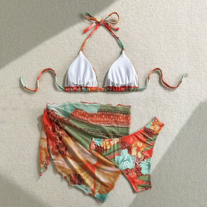 Maillot de bain imprimé fleur Orange, col licou, Triangle, ensemble 3 pièces, Cover-Up, Sexy, pour femmes, vêtements de plage, 2026