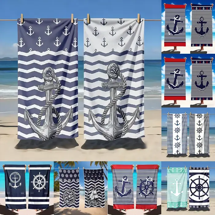 2 serviettes de plage à séchage rapide, motif ancre nautique et roue de bateau, serviettes de bain surdimensionnées sur le thème côtier pour les vacances d'été