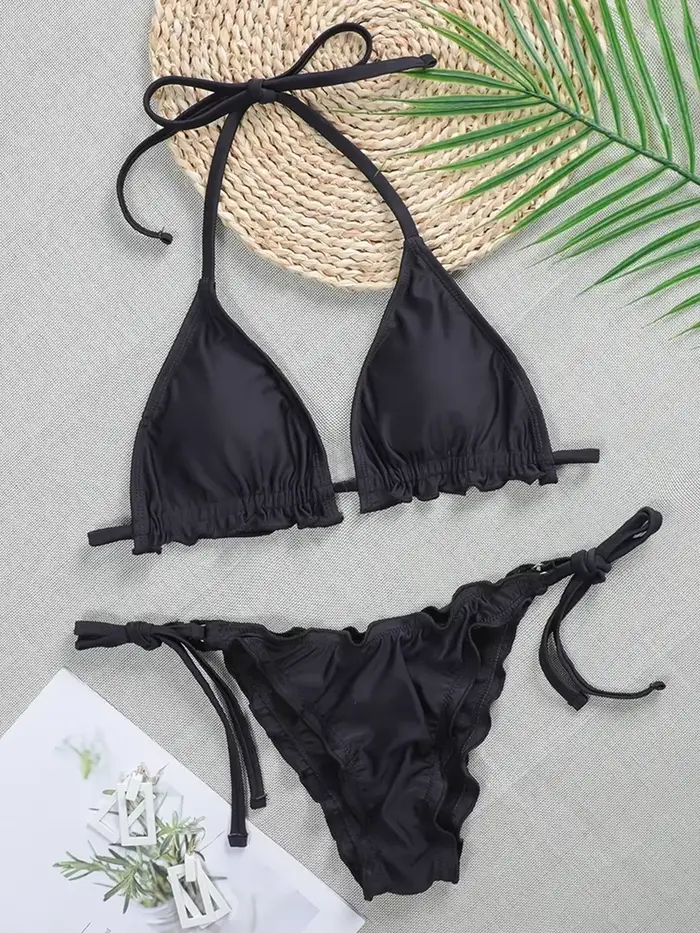 Bikini brésilien côtelé à volants pour femmes, maillot de bain deux pièces, ensemble deux pièces, co