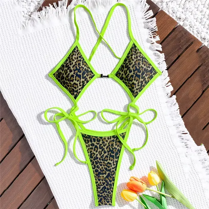 Maillots de bain une pièce à imprimé léopard pour femmes, bikini triangle à lacets, maillot de bain 