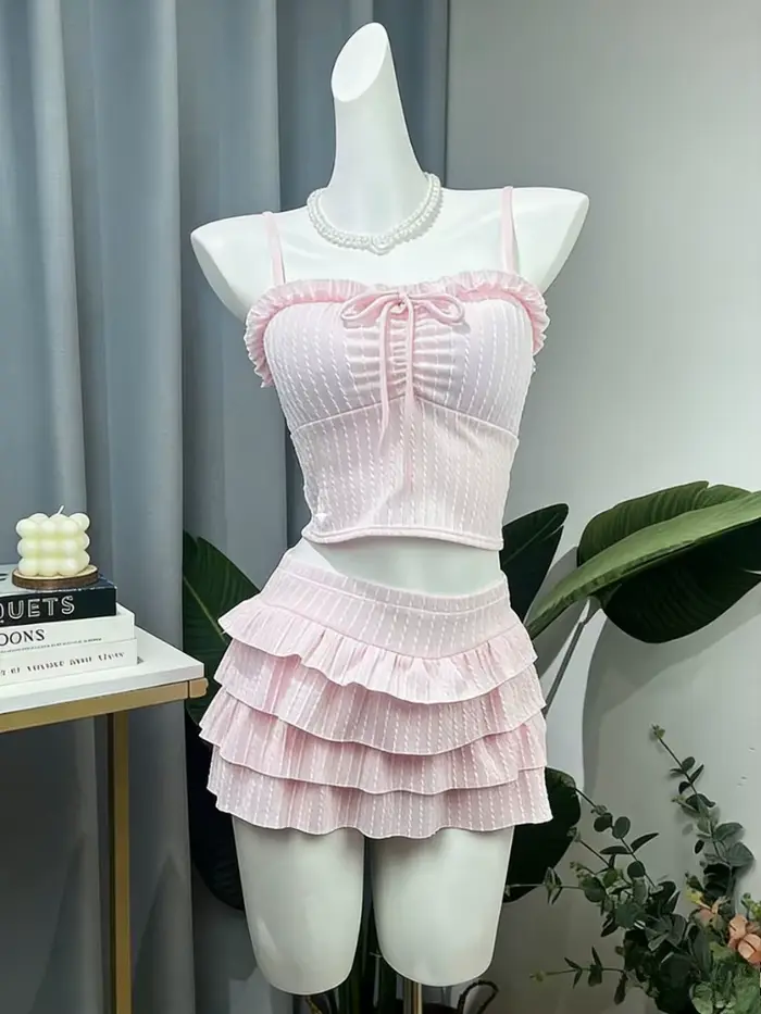 Ensemble de bikini à rayures style Sweet Lolita pour femmes, Y2k Harajuku, maillot de bain tendance 