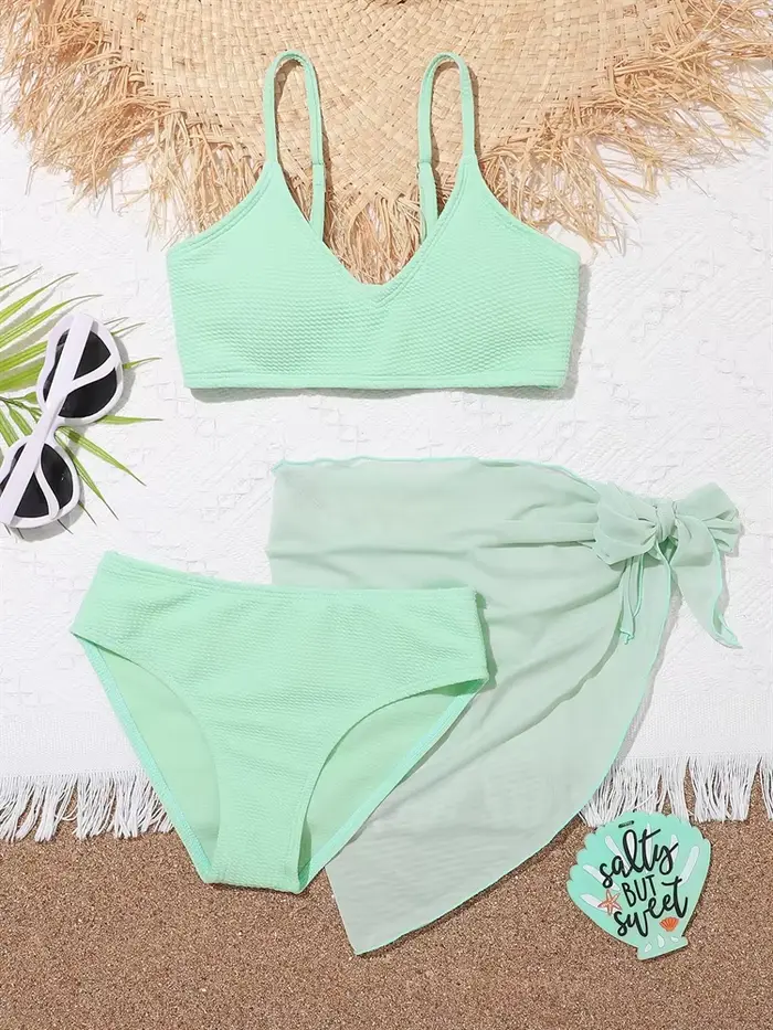 Maillot de bain bikini pour filles 2026 Nouveau ensemble bikini côtelé uni à bretelles taille haute 