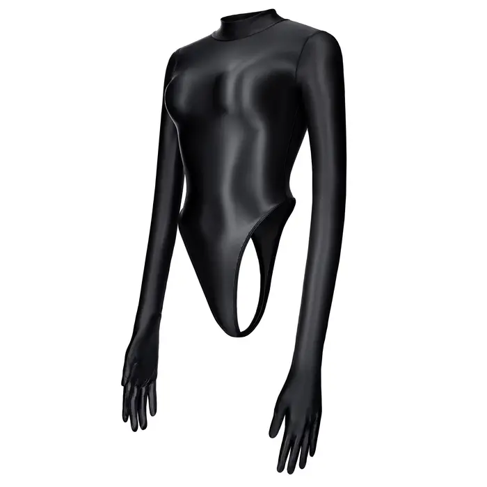Maillot de bain sexy pour femme à manches longues avec gants, col montant brillant effet huile, une 