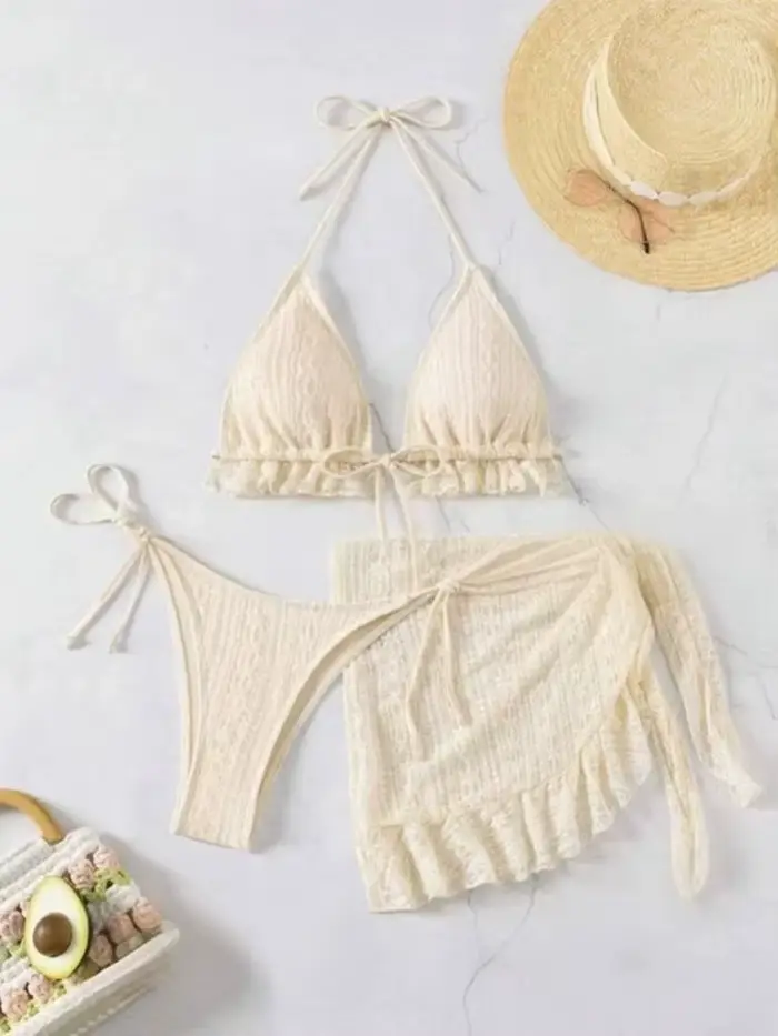 2025 femmes Sexy licou Bikini 3 pièces ensemble solide blanc laiteux maillot de bain avec maille cou