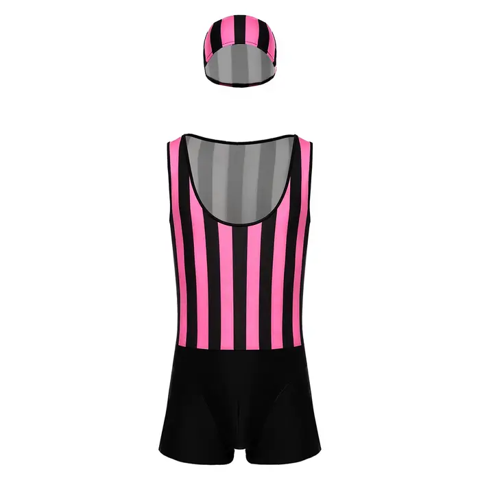 Maillot de bain une pièce pour hommes, avec bonnet de bain, séchage rapide, col bas, sans manches, rayé, pour la plage et la natation
