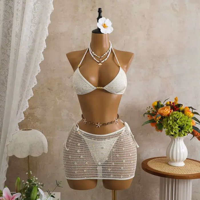 Ensemble bikini trois pièces en maille à sequins avec jupe, bikini à volants et à franges, maillot d