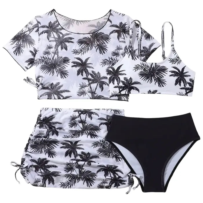 Ensemble de bikini 4 pièces pour filles, maillot de bain imprimé palmier de coco, avec jupe de plage
