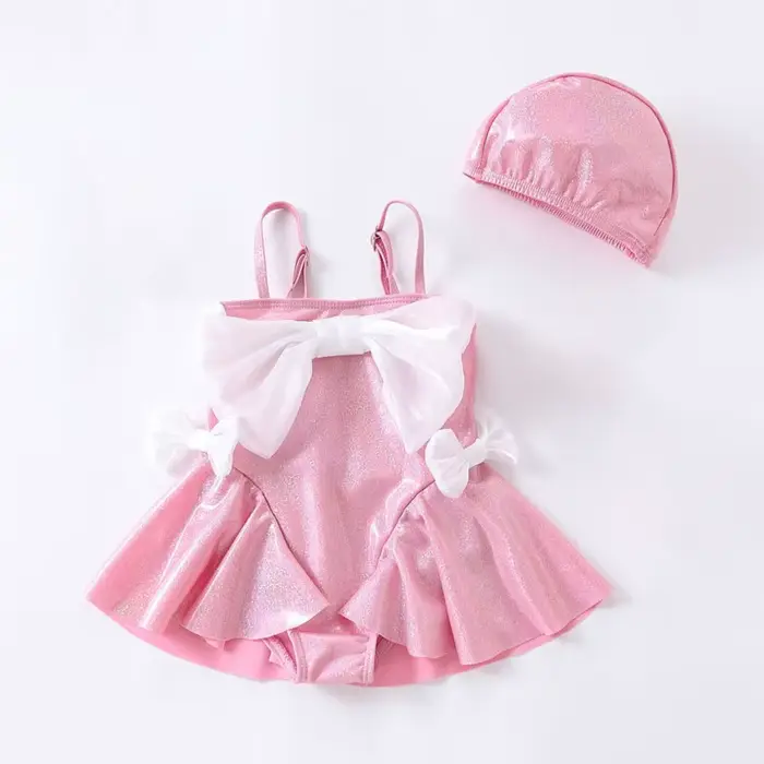 Ensemble maillot de bain et bonnet pour bébé fille, 2 pièces, avec nœud papillon, pour enfant de 2 à