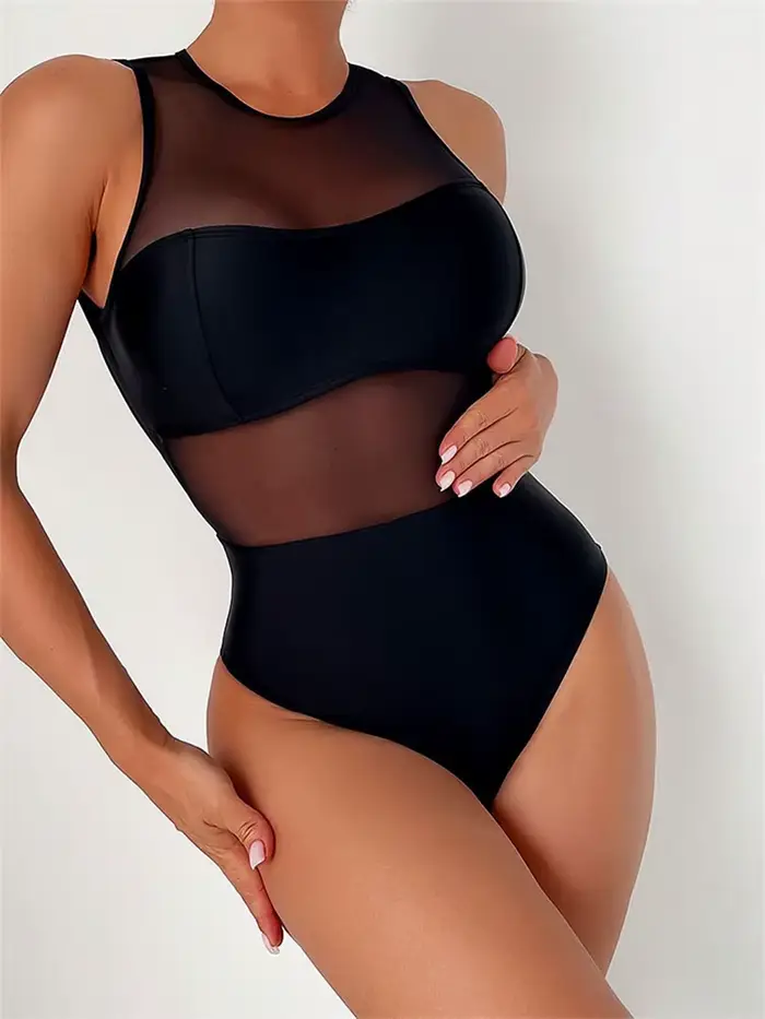 Maillot de bain une pièce transparent, Sexy, en maille noire unie, ajouré, dos nu, pour femmes, vête