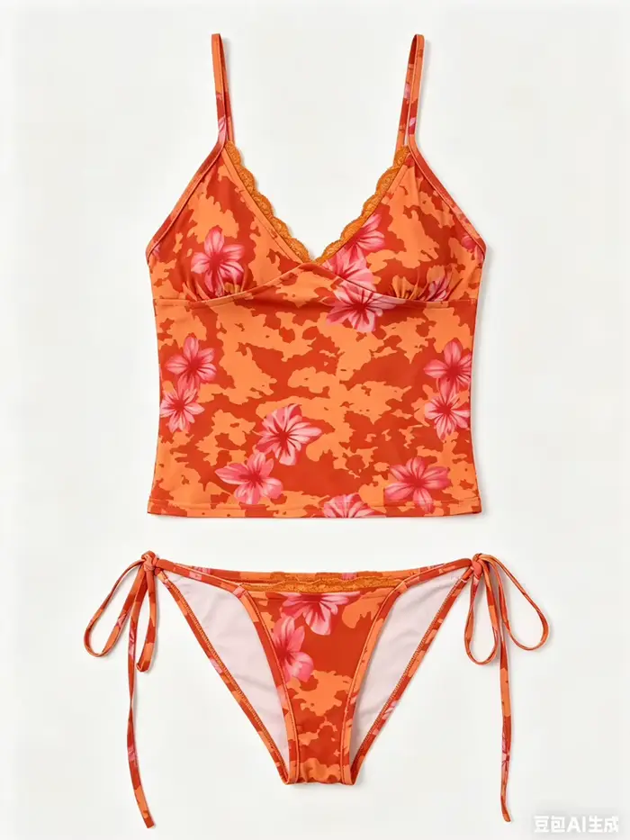 Été Orange Floral Imprimé Tankini Ensemble pour les Femmes, Dentelle Garniture V Cou Halter Tie Côté
