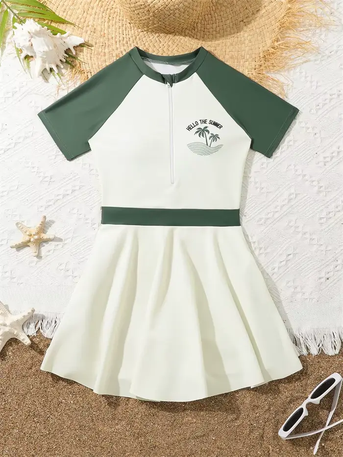 Enfants maillot de bain filles 2026 nouveau solide manches courtes robe longue fermeture éclair mail