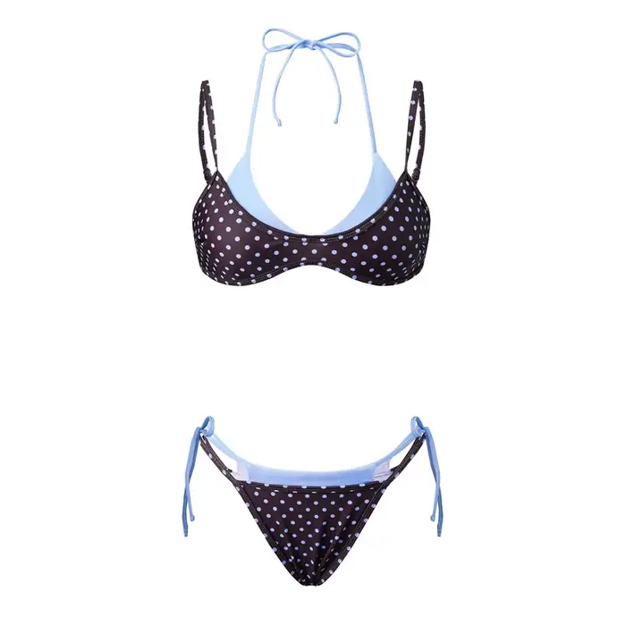 Hirigin Ensemble bikini double couche pour femme, imprimé à pois, soutien-gorge à nouer sur le côté,