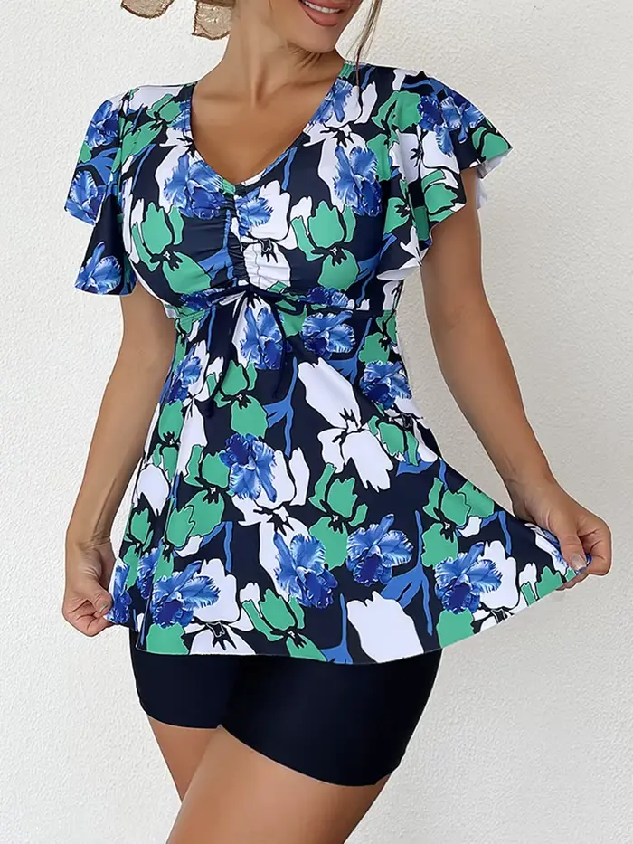 Maillot de bain deux pièces femme 2026, ensemble tankini imprimé avec cordon de serrage à nouer sur le devant, tenue de plage estivale