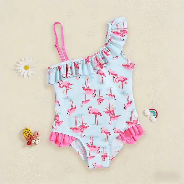 Maillot de bain flamant rose pour filles, asymétrique épaule dénudée, à volants, imprimé bleu clair,