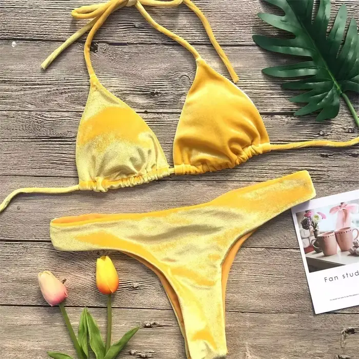 Maillot de bain bikini en velours, style string, dos nu, à bretelles, classique, deux pièces, pour femme, tenue de plage 2026, ensemble de bikinis triangle