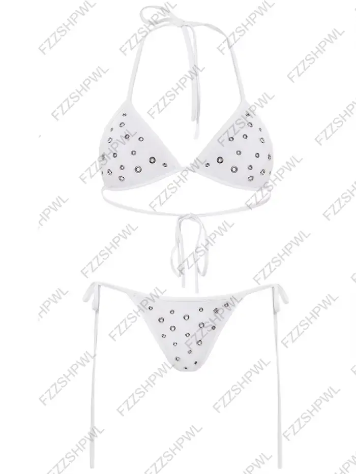 Maillot de bain 2 pièces à carreaux bleus avec nœud décoratif, ensemble Bikini Kawaii, col licou, so